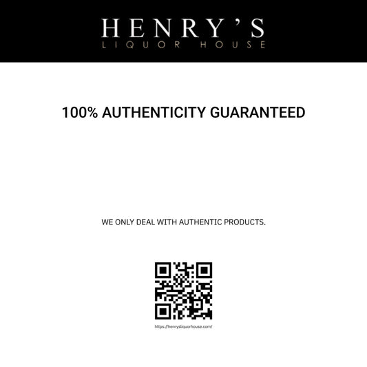 An image featuring a black and white design with the text 'HENRY'S LIQUOR HOUSE' and '100% AUTHENTICITY GUARANTEED'. Below the text, there is a QR code and the website 'henrysliquorhouse.
