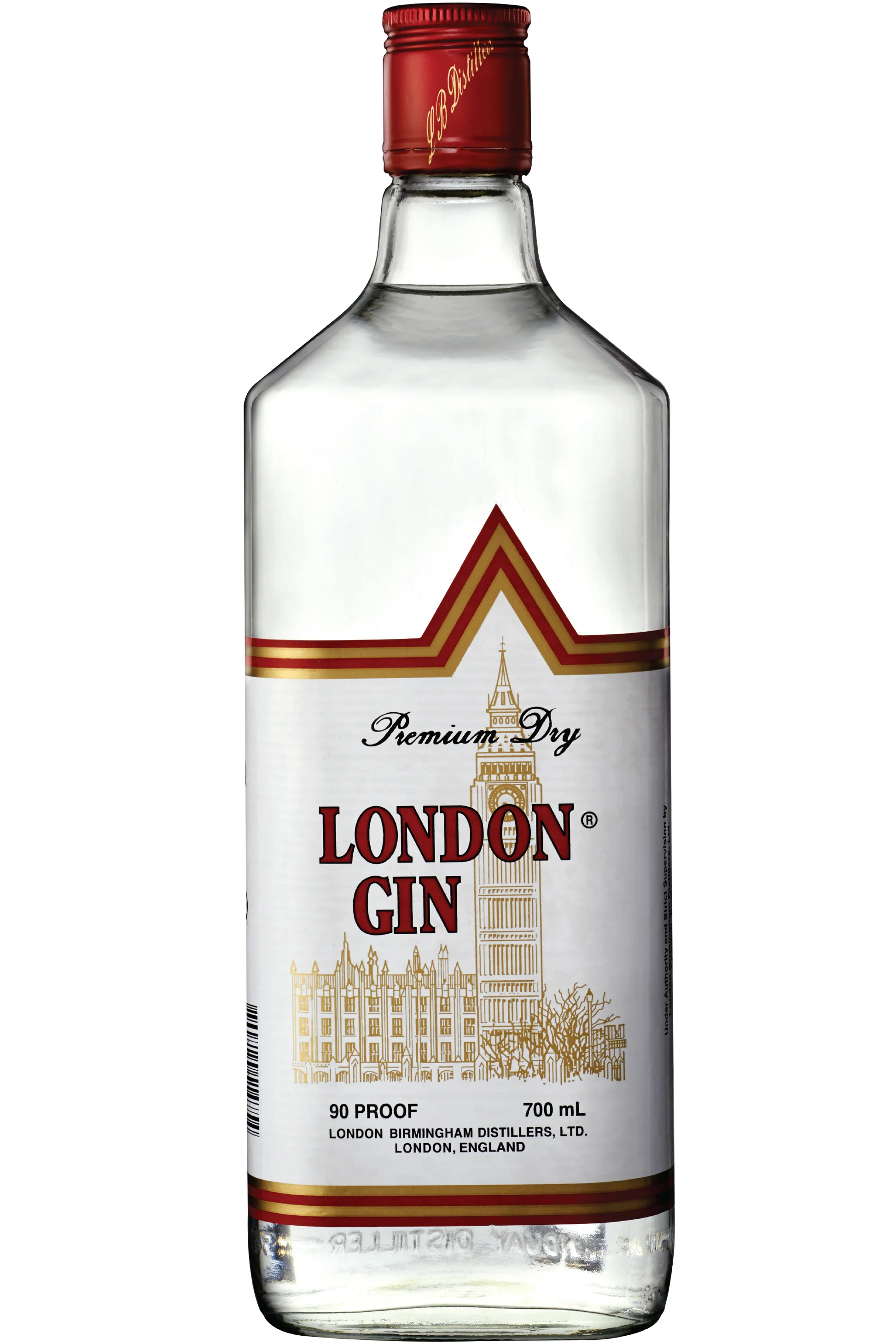 Bottle of London Gin with a red cap on a white background